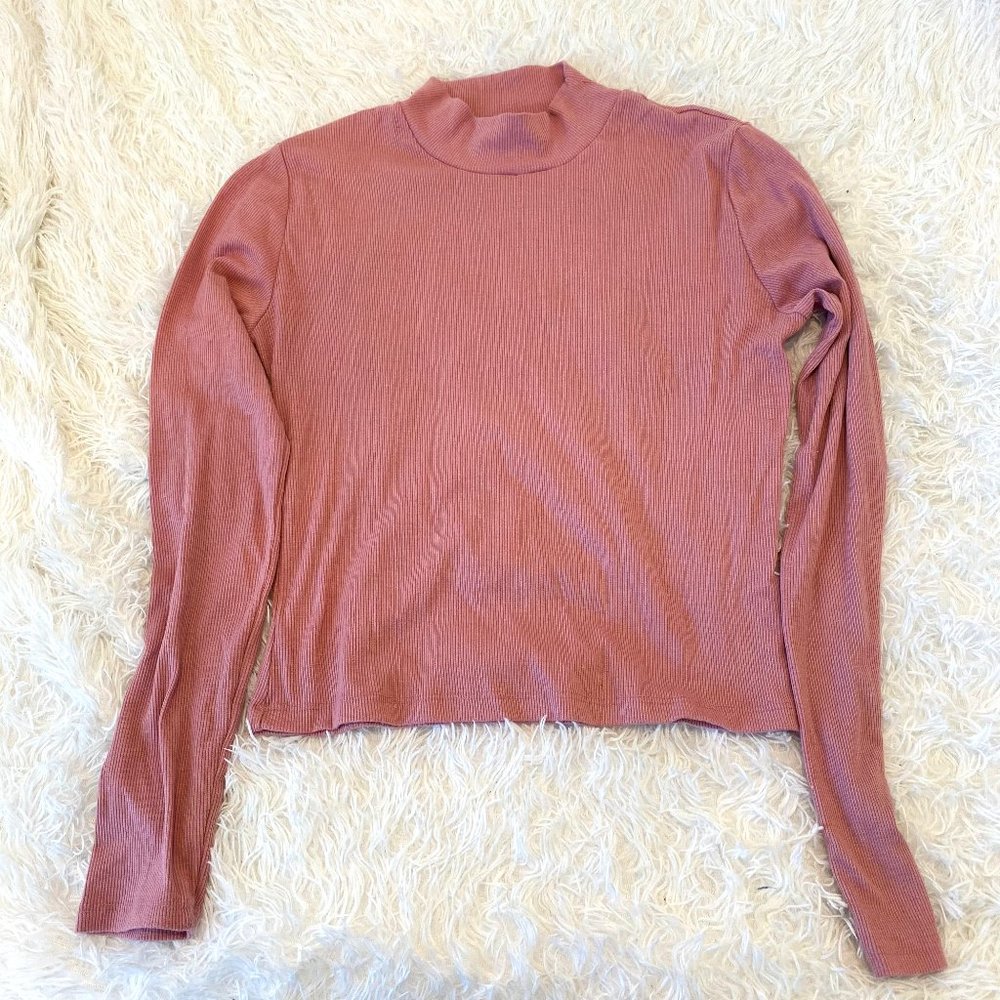 Pink Mock Neck Ribbed Long Sleeve Top